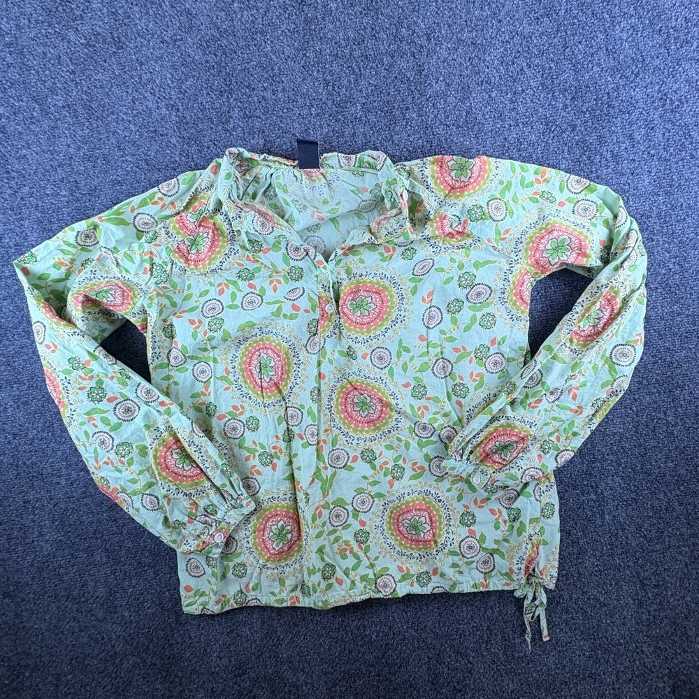 GAP Blouse Top Womens Medium Green Floral Mandala Henley Neck Raglan Sleeve
